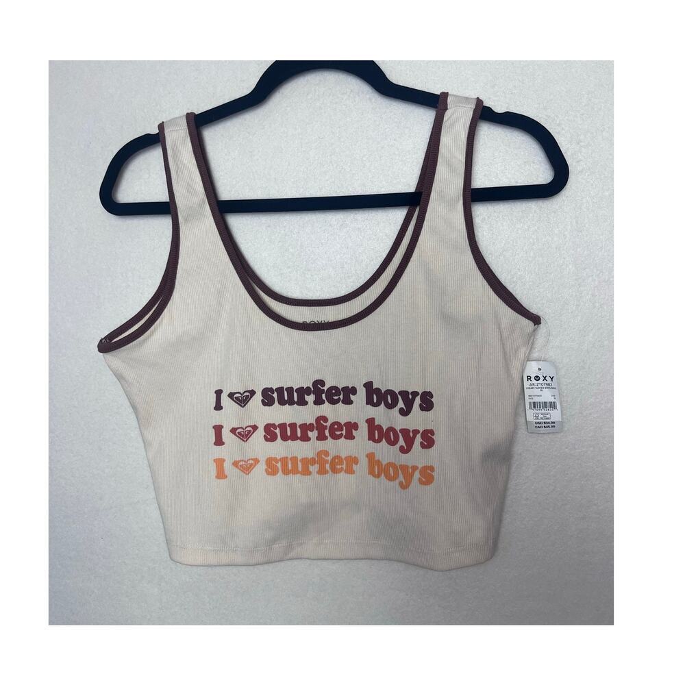 Roxy Crop Tank Juniors Size XL I Heart Surfer Boys Dive in Cropped Tank Top